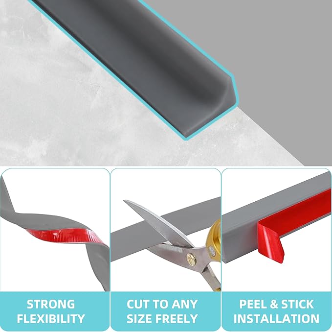 Shower Threshold Water Dam,Walk in Shower Water Guard, Shower Dam Water Barrier Bathroom Sink Splash for Dry And Wet Separation Caulk Seal Strip Edge Trim (78Inch, Gray)