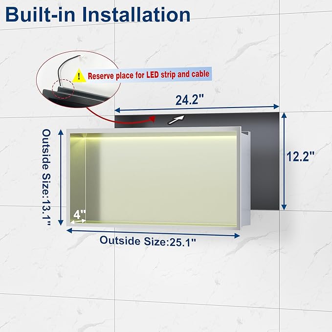 RGB LED Light Shower Niche, Brushed 24X12 in Stainless Steel Wall Cabinet with Remote Control, Waterproof No Tile Needed Wall Niche for Bathroom Storage Built-in Installation