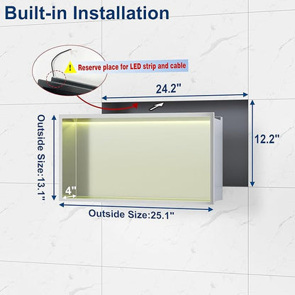 RGB LED Light Shower Niche, Brushed 24X12 in Stainless Steel Wall Cabinet with Remote Control, Waterproof No Tile Needed Wall Niche for Bathroom Storage Built-in Installation
