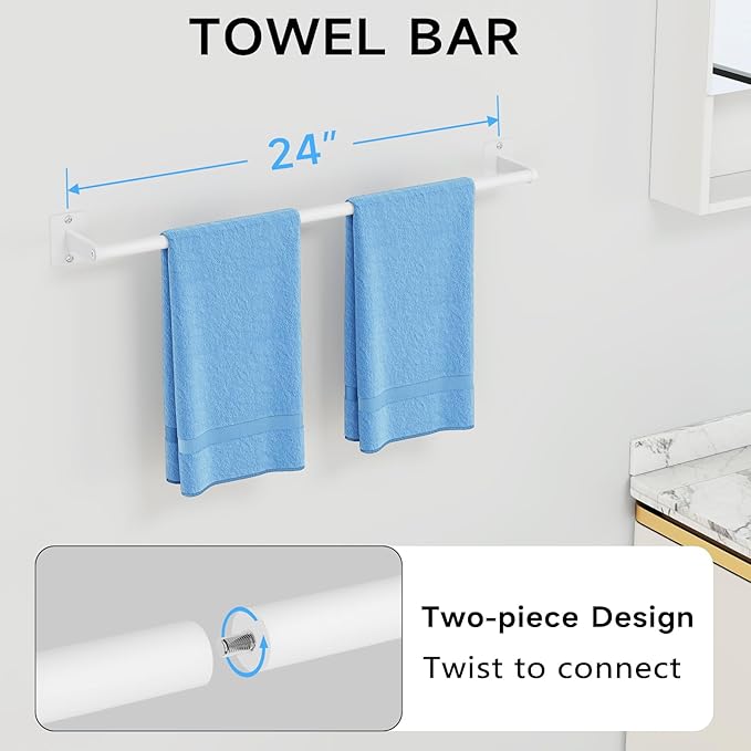 Bathroom Accessories Set, 4 Pieces White Bathroom Hardware Set, 24 inch Towel Bar, Towel Racks for Bathroom, Robe Towel Hooks, Toilet Paper Holder Wall Mounted