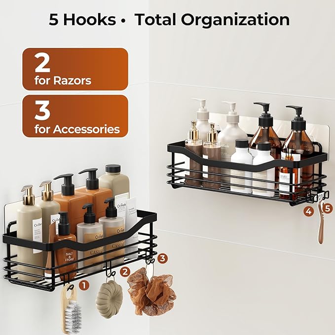 Orimade Shower Caddy Basket Soap Dish Holder Shelf with 5 Hooks Bathroom Organizer Shelf Kitchen Storage Rack Wall Mounted Adhesive No Drilling SUS304 Stainless Steel - 3 Pack,Black