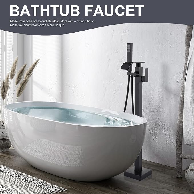 Senlesen Matte Black Free Standing Tub Faucet Floor Mounted Tub Filler Faucet Brass Bathroom Tub Faucets with Hand Shower