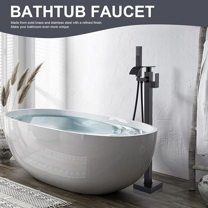 Senlesen Matte Black Free Standing Tub Faucet Floor Mounted Tub Filler Faucet Brass Bathroom Tub Faucets with Hand Shower