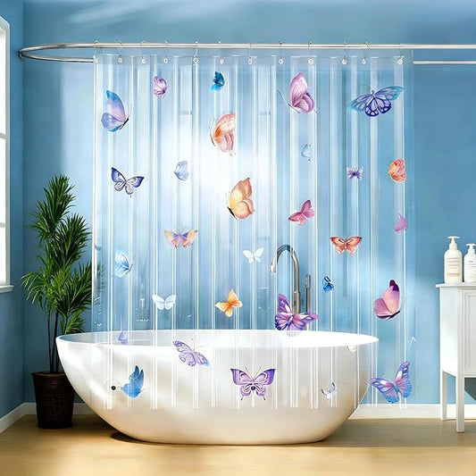 Clear Butterfly Shower Curtain Liner, Colorful Plastic Transparent Pretty Shower Curtains for Bathroom, 72x72 Weighted Magnetic Shower Curtain Set with 12 Hooks