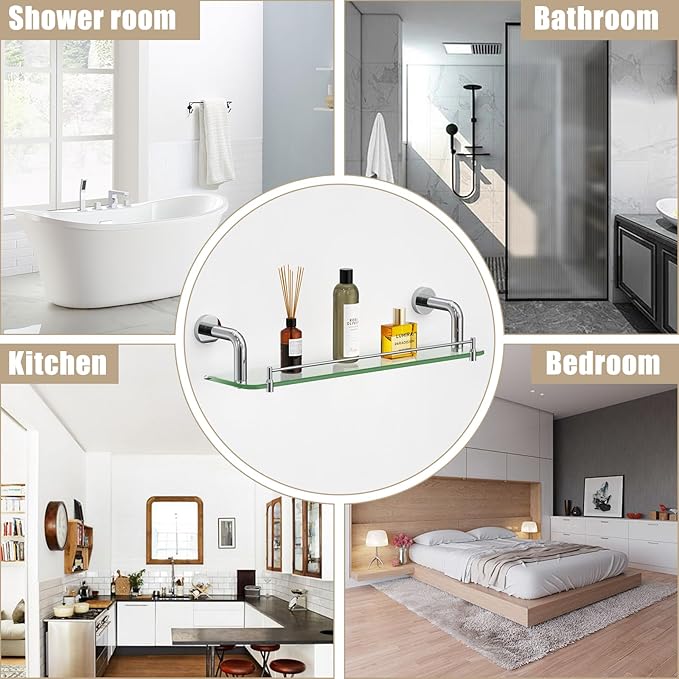 Floating Glass Shelves for Bathroom with Towel Bar Chrome Bending Style, 20 Inch Tempered Glass Shelf for Wall Shelf Sink Over Toilet