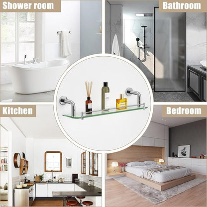 Floating Glass Shelves for Bathroom with Towel Bar Chrome Bending Style, 20 Inch Tempered Glass Shelf for Wall Shelf Sink Over Toilet