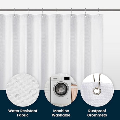 LiBa Waffle Weave Fabric White Shower Curtain, 72 W x 72 H Water Repellent & Heavyweight, Hotel Quality & Cloth Linen Shower Curtains Set and for Bathroom
