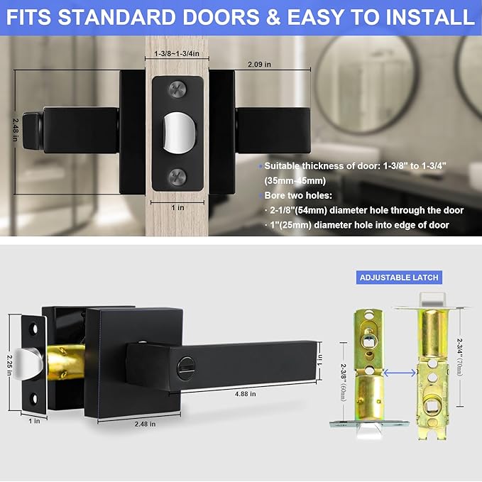 Privacy Door Levers, Matte Black Door Handles Heavy Duty Bed and Bath Door Locks Interior Keyless Locksets, Reversible for Left Right Handed Doors, 7 Pack