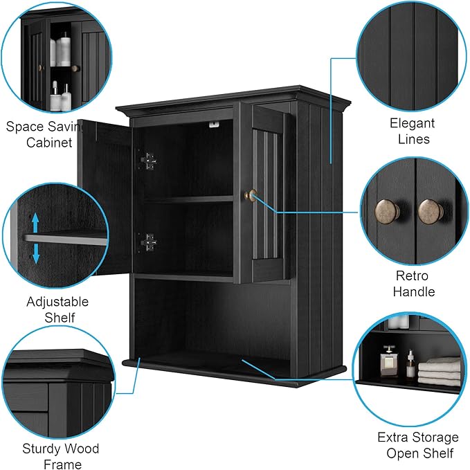 Treocho Wood Wall Cabinet Bathroom Medicine Cabinet Storage with Doors and Adjustable Shelf Wall Mount for Bathroom, Livingroom, Kitchen, Cupboard, Black
