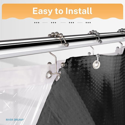 River Dream 3 in 1 Shower Curtain Set, Stall Waffle Fabric Shower Curtain and Waterproof Clear Liner Set with Double Sided Metal Hooks, Black, 36" W*72" H