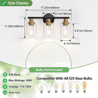 3-Light Bathroom Light Fixtures, Black and Gold Bathroom Wall Lights, Modern Vanity Light with Clear Glass Shade, Bathroom Wall Lamp for Mirror Kitchen Bedroom Hallway Cabinet