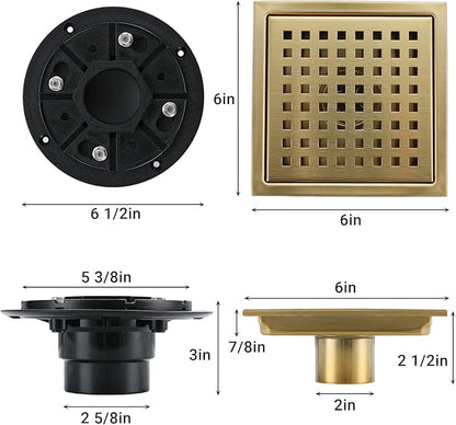 6 Inch Square Shower Floor Drain, Stainless Steel Black Shower Drain Kit with Flange, Floor Drain with Removable Grid Cover,Brushed Gold