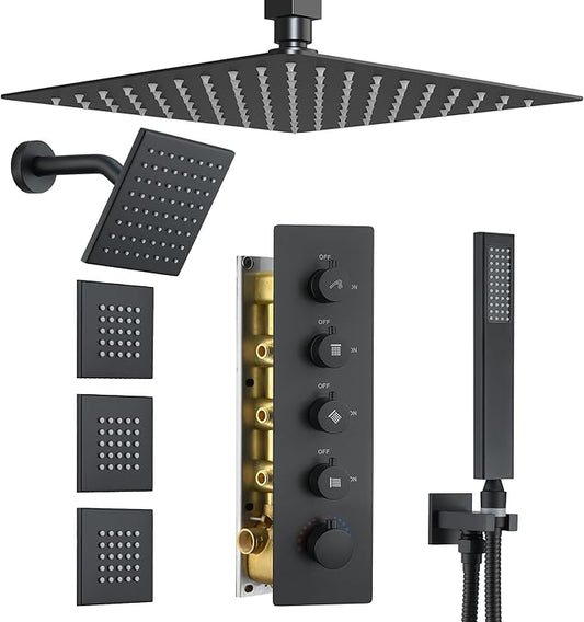 Matte Black Thermostatic Shower System with Body Jets, Ceiling 16” Rainfall Shower & Wall Mount 6-Inch Shower Head Luxury Shower Faucet Set with Handheld Spray, Dual Shower Heads Set