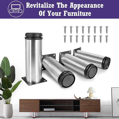 6 Inch Metal Furniture Legs Stainless Steel Adjustable Legs Silver Metal Legs Round Cabinet Legs for Coffee Table Cabinet Desk Sofa Shelves, Pack of 4