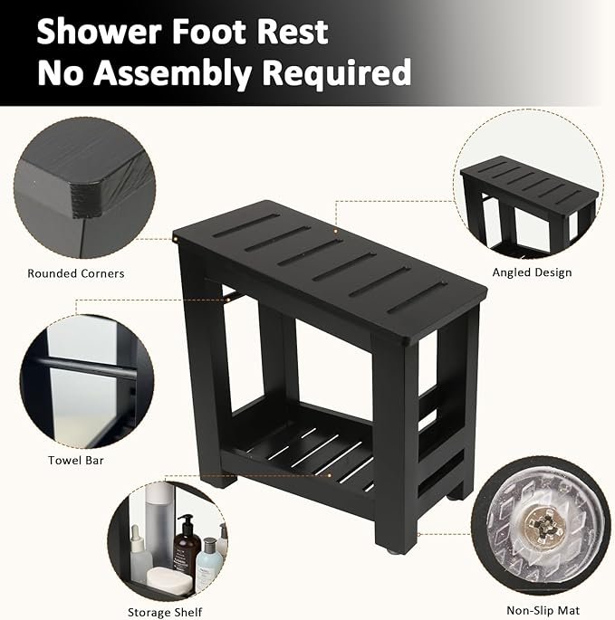 Shower Foot Rest, Small Bamboo Foot Stool with Storage Shelf, Shower Stool for Shaving Legs, No Assembly Required, Natural (Black)
