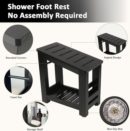 Shower Foot Rest, Small Bamboo Foot Stool with Storage Shelf, Shower Stool for Shaving Legs, No Assembly Required, Natural (Black)