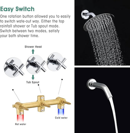 PROOX 3 Handle Tub Shower Faucet Set, 8" Rainfall Shower Head with Tub and Shower Trim Kit with Rough-in Valve, Polished Chrome Bathtub Shower Faucets, Wall Mounted Bathroom Rain Shower System