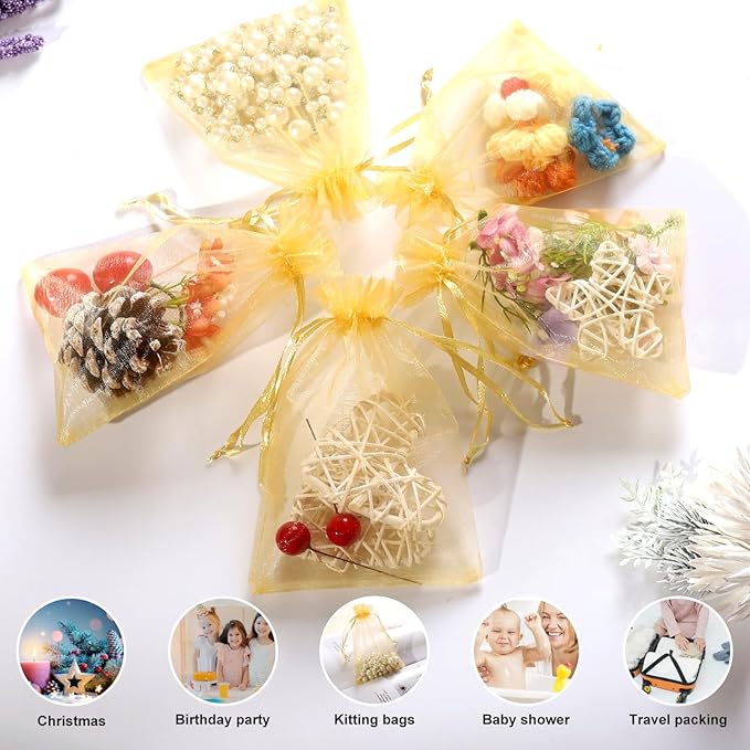 Hopttreely 100pcs Organza Bags, Gold 4''x4.72''(10x12cm) Satin Drawstring Organza Pouch Wedding Party Favor Gift Bag Jewelry Watch Bags