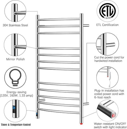 HEATGENE Electric Towel Warmer with Built-in Timer & Temperature Control, Wall-Mounted 12-Bar Large Towel Rack, Plug-in/Hardwired Heated Towel Rail for Bathroom - Mirror Polish
