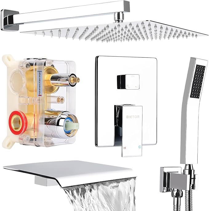 Wall Mounted Shower Faucet Set, Shower System with Tub Spout, 10 Inch Rainfall Shower Head with Handheld Spray, Waterfall Tub Spout Bathtub Faucet, Chrome