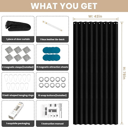 100% Blackout Fabric Folding Door Curtain with Magnetic Closure - Accordion Style for Sliding Doors, Closets,Wardrobe and Temporary Door Solutions Doorway Curtains（W42 x L78, Black，1 Panel）