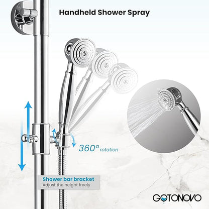 gotonovo Exposed Bathroom Shower System Classic Shower Kit 8 Inch Luxurious Rainfall Shower Head Handheld Spray Tub Filler Brass Pipe 3-Function Wall Mount Double Cross Knobs Polished Chrome