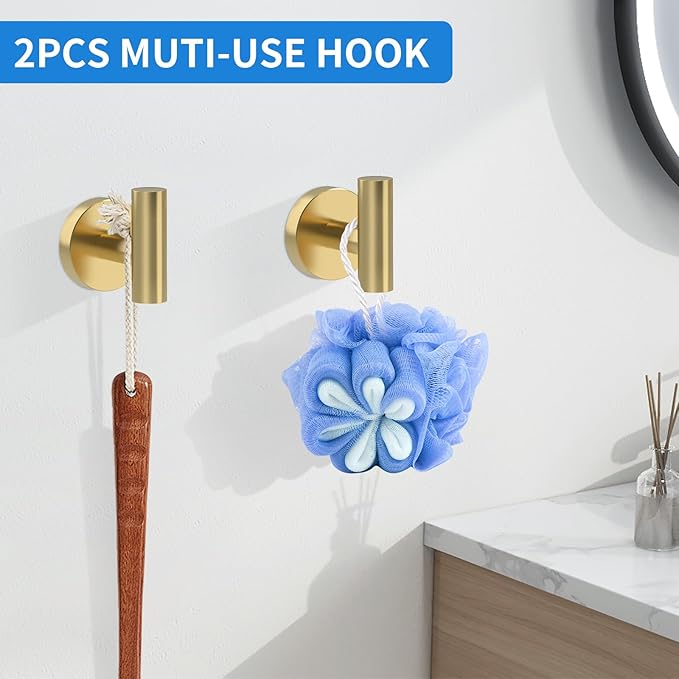 Brushed Gold Bathroom Accessories, Bathroom Hardware Set, SUS304 Stainless Steel Bathroom Towel Holder Set, 24 Inch Towel Bar Set 5 Pcs, 2 Towel Hooks, Toilet Paper Holder, Towel Ring