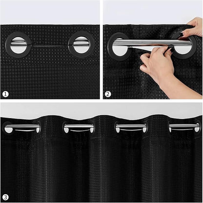 MitoVilla Black Waffle Small Stall Shower Curtain Liner Set 36 x 74, No Hooks Required Half Size Narrow Fabric Shower Curtain Set with Snap-in Liner for Modern Farmhouse Bathroom Decor