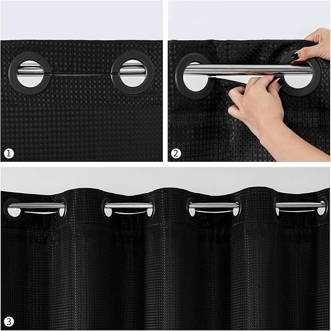 MitoVilla Black Waffle Long Shower Curtain Liner Set 72 x 80, No Hooks Required 80 inch Long Heavyweight Fabric Shower Curtain Set with Snap-in Liner for Hotel Grade Spa-Like Bathroom Decor