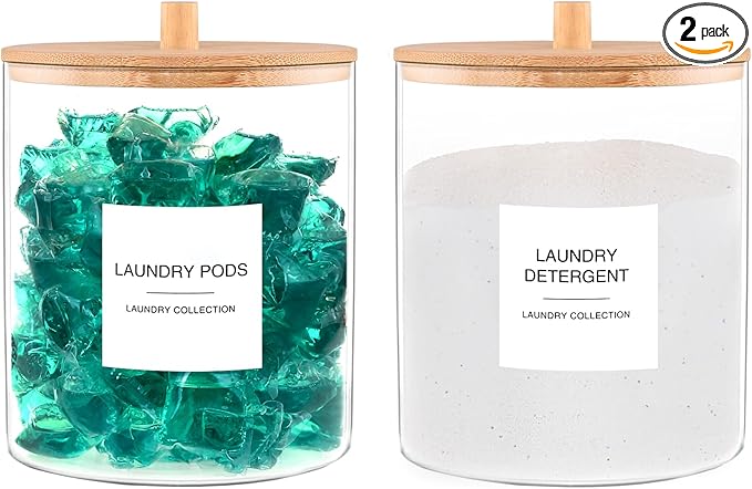 Glass Jars for Laundry Room Organization, Laundry Pods Container with 27 Labels, Detergent Holder with Bamboo Lid, Cute Storage Jars (Set of 2)