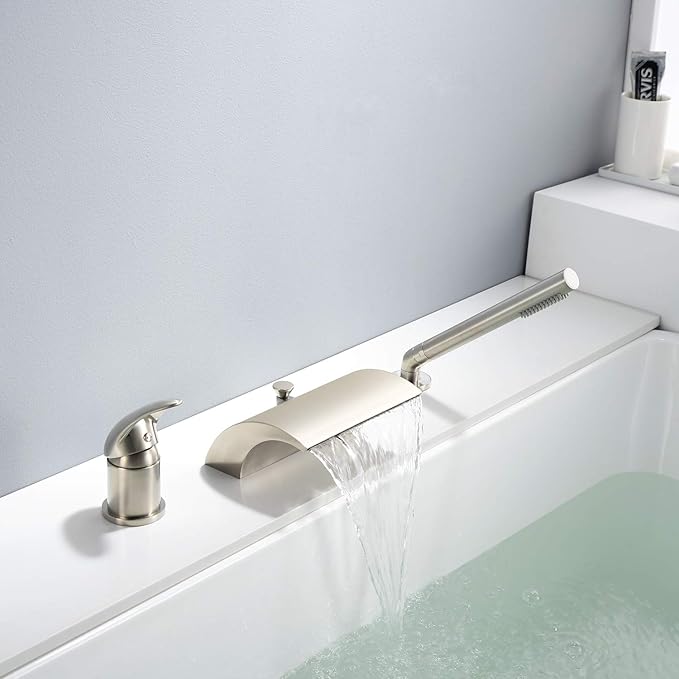 sumerain Waterfall Roman Tub Faucet with Diverter Brushed Nickel, High Flow Waterfall Spout
