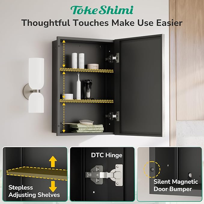 TokeShimi 24x26 Beveled Mirror Medicine Cabinet Recessed, Aluminum Framed Metal Brushed Nickel Medicine Cabinet with Mirrored, Bathroom Mirror with Adjustable Storage and Quiet Hinge