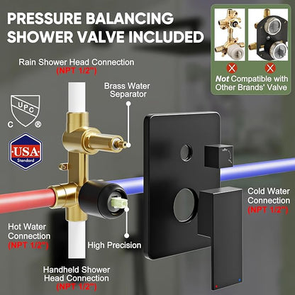 Black Shower System, Wall Mounted Shower Faucet Set with Valve, 10-Inch Rainfall Shower Head with Handheld Combo Spray, 59'' Long Shower Hose and Shower Trim Kit, Matte Black
