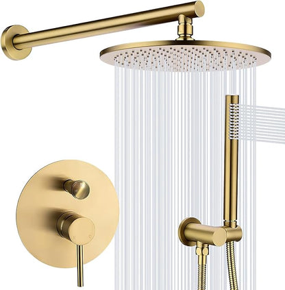 TRUSTMI Brushed Gold Shower System Pressure Balance 10 Inch Rainfall Shower Set with Brass Rough-In Diverter Valve and Trim Kit, Wall Mounted