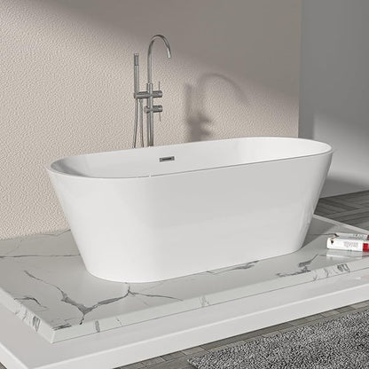 Logmey 67 Inch Freestanding Bathtub White Acrylic Oval Shape Soaking Tub with Chrome Drain & Overflow Assembly for Classic and Modern Bathrooms