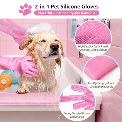 Dog Shampoo Brush, Dog Bath Brush, and Dog Washing Gloves | Essential Dog Bath Supplies and Pet Grooming Gloves for Dogs and Cats (1 Pair, Pink)