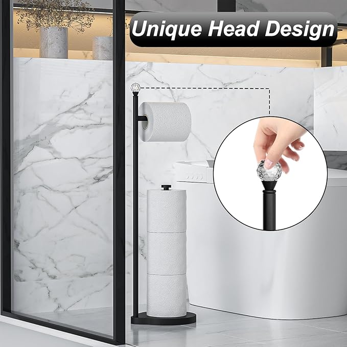 Toilet Paper Holder for Bathroom, Heavy Weighted Metal Free Standing Toilet Paper Storage with Crystal Ball, Toilet Paper Stand for Bathroom Accessories, Matte Black [Holds MEGA Rolls]