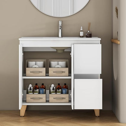 36" Freestanding Bathroom Vanity with Sink, High Gloss White Cabinet, Mid-Century Solid Wood Legs, 2 Doors & 2 Side Drawers, Scandi Modern Storage for Master Bath