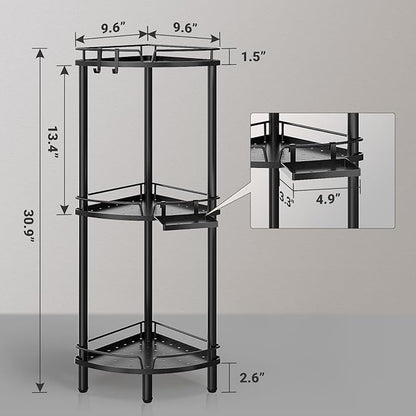 ELYKEN Corner Shower Caddy Standing, 3 Tier Rustproof Metal Shower Organizer with Soap Holder, Floor Shower Corner Shelf Rack Storage Stands with Adjustable Feet & 2 Hooks for Bathroom, Black