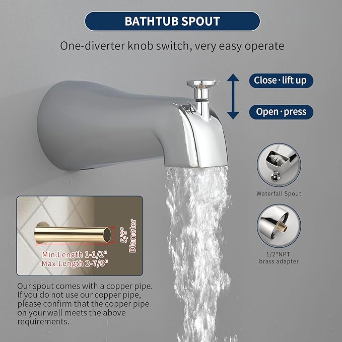 2 Handles Shower Faucet Set with Tub Spout Bathtub Shower Faucet Combo Set Shower System Complete Tub and Shower Trim Kit Chrome Polished Wall Mounted Shower Fixtures