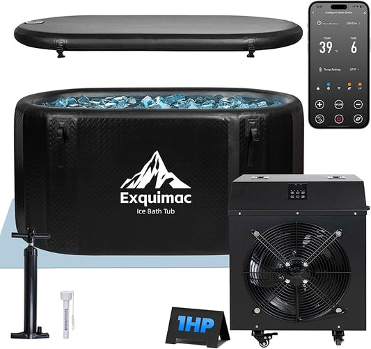Ice Bath Tub with 1HP Water Chiller, 216 Gallon Inflatable Cold Plunge Tub with Thermometer and Water-Absorbent Mat, Portable Bath Tub for Outdoor & Indoor Recovery, 59"x32"x29"