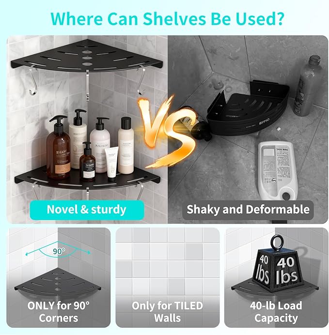 XIHLZYEH Corner Shower Shelves, 2 Pack 304 Stainless Steel Shower Shelf with 6 Hooks 40 lbs Heavy Duty, Rustproof Wall Mounted Organizer for Bathroom Drilling Installation(Black)