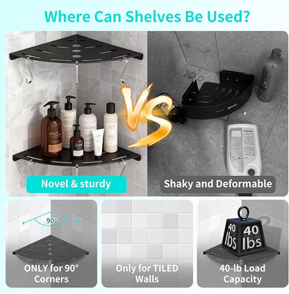 XIHLZYEH Corner Shower Shelves, 2 Pack 304 Stainless Steel Shower Shelf with 6 Hooks 40 lbs Heavy Duty, Rustproof Wall Mounted Organizer for Bathroom Drilling Installation(Black)