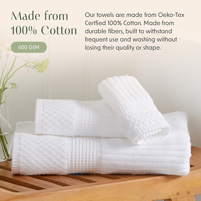 Springtree Home 100% Cotton Bath Towel Set | 6 Piece Set | Absorbent & Quick-Dry Bath Towels | Textured and Durable Cotton | Krista Collection (Bright White)