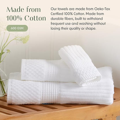 Springtree Home 100% Cotton Bath Towel Set | 6 Piece Set | Absorbent & Quick-Dry Bath Towels | Textured and Durable Cotton | Krista Collection (Bright White)