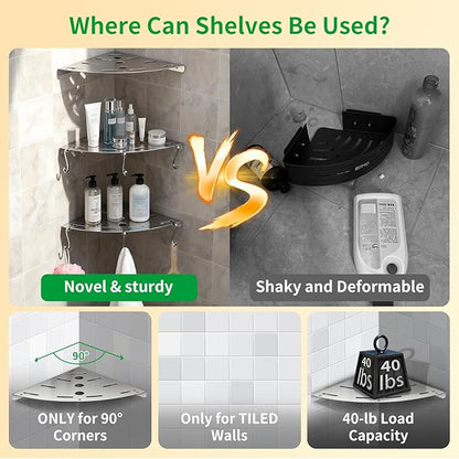 XIHLZYEH Corner Shower Shelves, 3 Pack 304 Stainless Steel Shower Shelf with 6 Hooks 40 lbs Heavy Duty, Rustproof Wall Mounted Organizer for Bathroom Drilling Installation(Silver)