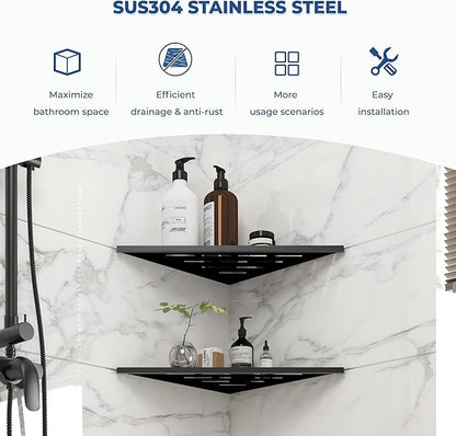 FerdY 2-Pack 10" Matte Black Recessed Corner Shower Shelf, for Tiled Bathroom Walls, 304 Stainless Steel Floating Shower Shelf, Shower Caddy Storage Shelves, No Drilling Required, Striped Triangle