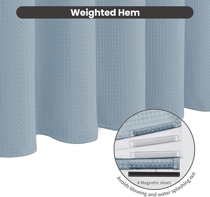 Inhousolu No Hook Waffle Weave Shower Curtain with Removable Snap in Fabric Liner Set for Bathroom, 230 GSM Heavy Duty Weighted Hem, Water Repellent Washable Bath Curtains, 72 x 84 Inch, Fog Blue