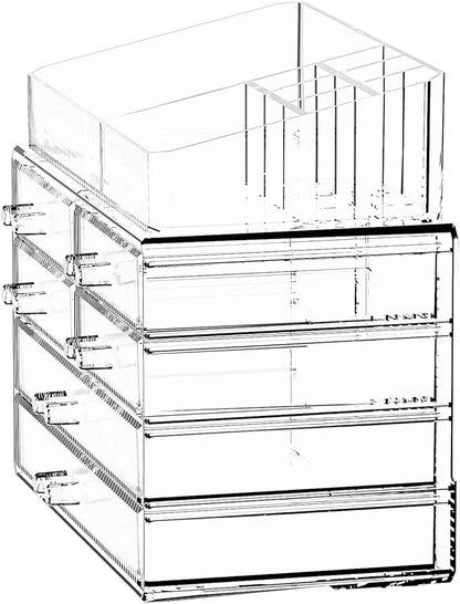 ZHIAI Stackable Storage Drawers, Acrylic Bathroom Counter Organizer Clear Makeup Organizers for Vanity, Kitchen Cabinets, Bathroom, Undersink, Home Organization and Storage (1 Top 6 Drawers)