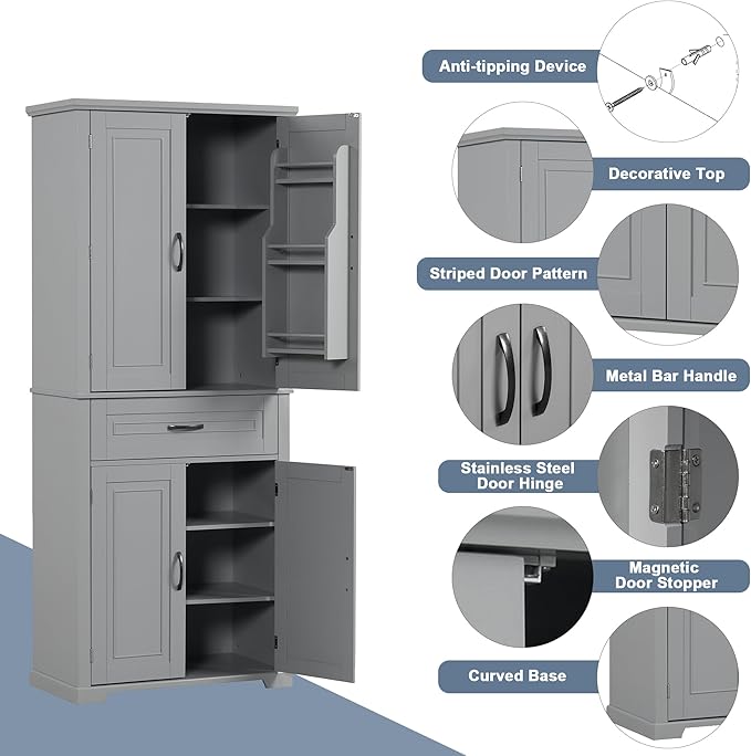 Favfurish 72" Tall Bathroom Storage Cabinet with Doors and Drawer,Modern Linen Cabinets w/Adjustable Shelves & Door Storage Rack,Freestanding Organizer for Bath Room,Study,Office,Kitchen Grey